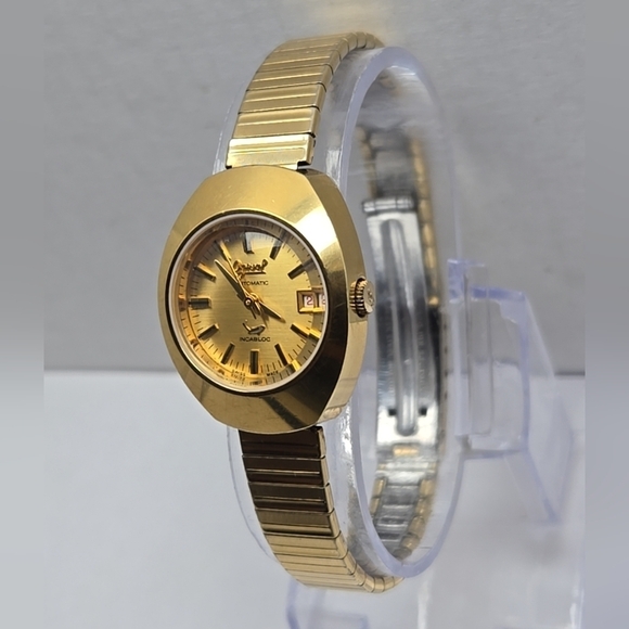 Womens Vintage Ogival 10 Micron 18k Gold Pated Automatic Date Watch Runs UFO